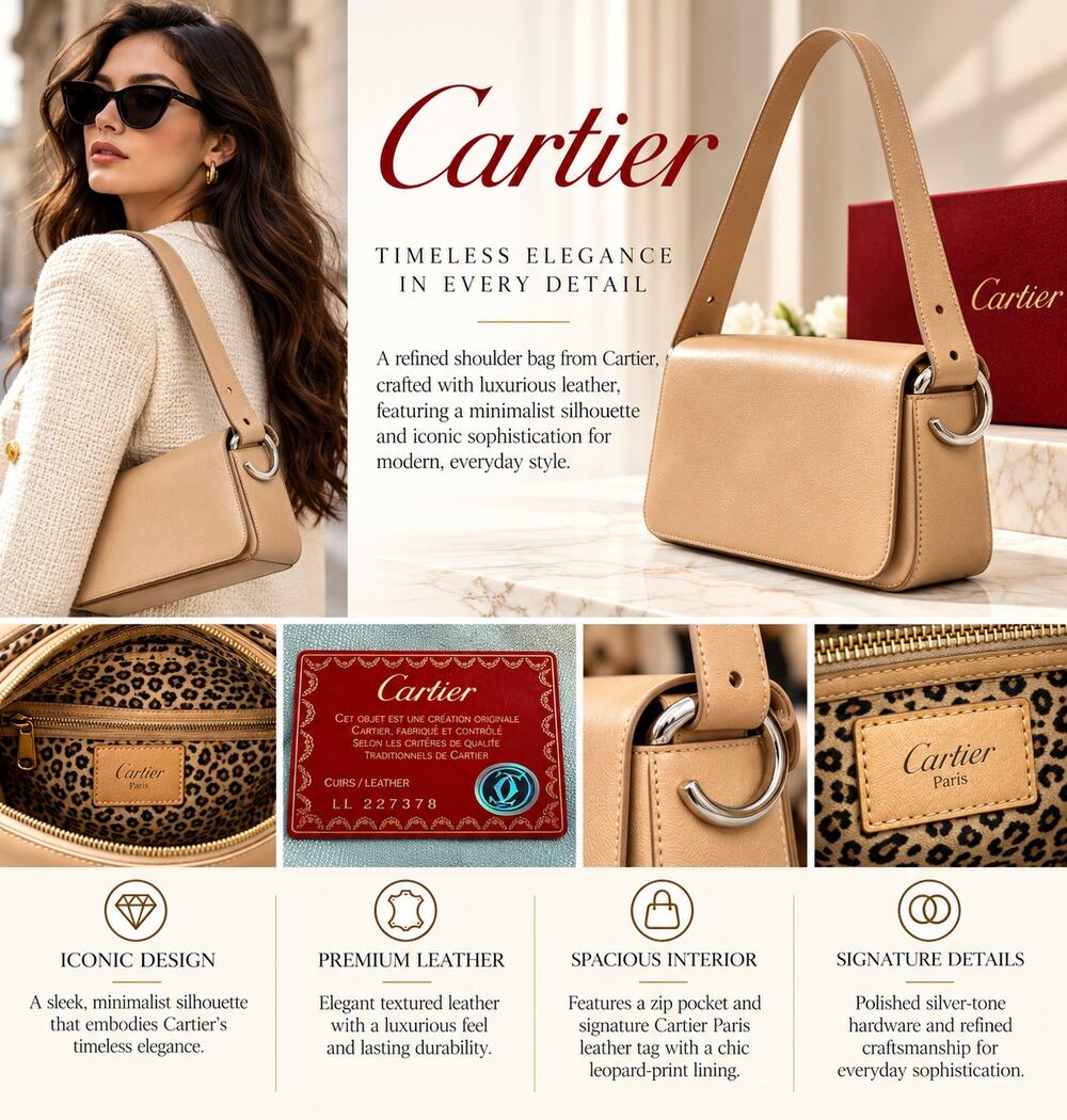 Cartier Vintage Beige Shoulder Bag*C with Leopard hardware*Original Cartier Card